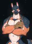 another_eidos_of_dragon_vein_r anthro barely_visible_genitalia barely_visible_penis barlitz blue_eyes canid canine canis canyne_khai clothing domestic_dog fingers genitals gloves handwear hi_res inner_ear_fluff male mammal muscular muscular_anthro muscular_male penis solo tail tuft