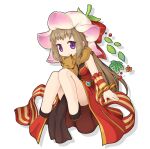  1girl animal_around_neck bangle black_footwear bow bracelet breasts brown_hair closed_mouth commentary_request detached_sleeves dress flower_hat fox full_body hat hat_bow jewelry leaf long_hair looking_at_viewer medium_bangs medium_breasts official_art pelvic_curtain pink_headwear professor_(ragnarok_online) purple_eyes ragnarok_online red_bow red_dress red_sleeves shoes simple_background sleeveless sleeveless_dress smile solo striped_sleeves transparent_background white_sleeves yuichirou 