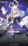  1girl breasts chang&#039;e_(grimlight) chinese_clothes cleavage commentary dress english_commentary english_text grey_eyes grey_hair grimlight hair_ornament hair_rings hairpin highres holding long_hair official_art purple_dress solo thighhighs very_long_hair white_rabbit_(animal) white_thighhighs 