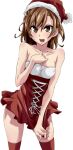  &gt;:) 1girl bare_arms bare_shoulders breasts brown_eyes brown_hair christmas covered_nipples dress feet_out_of_frame hair_between_eyes hair_ornament hairclip hand_on_own_chest hand_up hat light_blush looking_at_viewer medium_breasts medium_hair misaka_mikoto open_mouth photoshop_(medium) red_dress red_headwear red_thighhighs santa_costume santa_hat short_dress simple_background solo standing sweatdrop thighhighs thighs toaru_kagaku_no_railgun toaru_majutsu_no_index toru_k transparent_background v-shaped_eyebrows zettai_ryouiki 