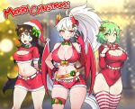  3girls :d absurdres bell belt blue_eyes bow bowtie breasts brown_hair choker christmas cleavage cleavage_cutout closed_mouth clothing_cutout covered_navel cowboy_shot fingerless_gloves gloves green_hair hair_ribbon hat highres horn_bow horn_ornament horns jarckius large_breasts leotard long_hair long_sleeves medium_breasts merry_christmas midriff miniskirt multiple_girls navel neck_bell original ponytail red_choker red_leotard red_shorts red_skirt red_thighhighs ribbon santa_costume santa_hat short_hair short_shorts short_sleeves shorts single_glove skirt smile striped striped_thighhighs thigh_strap thighhighs very_long_hair white_belt white_hair white_thighhighs yellow_eyes 