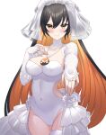  1girl absurdres breasts bridal_veil brown_eyes brown_hair cleavage covered_navel dress highres looking_at_viewer monero-chan multicolored_hair orange_hair original second-party_source senbon_tsuki solo tachi-e thighhighs transparent_background veil wedding_dress white_thighhighs 