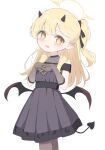  1girl black_dress black_gloves black_horns black_pantyhose black_tail black_wings blonde_hair blue_archive blush cowboy_shot cram960 demon_horns demon_tail demon_wings dress gloves halo highres horns ibuki_(blue_archive) ibuki_(dress)_(blue_archive) long_hair open_mouth pantyhose pointy_ears smile solo tail wings yellow_eyes yellow_halo 