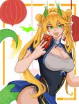  1girl blonde_hair breasts chinese_new_year cowboy_shot dokibird_(vtuber) double_bun dragon_girl dragon_horns dragon_tail dress english_commentary fang green_eyes hair_between_eyes hair_bun heart heart_in_mouth highres horns indie_virtual_youtuber looking_at_viewer medium_breasts open_mouth pointy_ears short_sleeves skin_fang slit_pupils slnpmu solo tail twintails twitter_username virtual_youtuber 