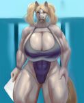  abs absurd_res anthro big_breasts black_lips blonde_hair blue_eyes breasts cleavage clothed clothing equid equine female fur hair hi_res horse huge_breasts keeltheequine lips looking_at_viewer mammal muscular muscular_anthro muscular_female one-piece_swimsuit pigtails solo standing swimwear tan_body tan_fur thick_lips 