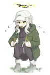  1girl black_pantyhose black_scarf blue_archive blush eating full_body green_eyes green_halo green_jacket grey_footwear grey_hair halo hare_(blue_archive) hare_(camp)_(blue_archive) hat highres holding hood hood_down hooded_jacket jacket karikura_(atatata71) long_hair long_sleeves official_alternate_costume open_clothes open_jacket pantyhose ponytail scarf shoes simple_background solo squatting white_background white_headwear 