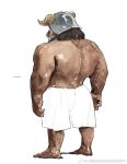  1boy back_hair back_muscles bara beard broad_shoulders brown_hair dungeon_meshi dwarf facial_hair facing_away fake_horns from_behind full_body hairy helmet highres horned_helmet horns long_beard male_focus muscular muscular_male senshi_(dungeon_meshi) shinnasuka025 shorts solo sparse_arm_hair sparse_leg_hair standing thick_mustache topless_male unfinished very_long_beard 