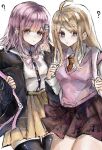  2girls ? akamatsu_kaede black_jacket black_thighhighs brown_skirt collared_shirt danganronpa_(series) danganronpa_2:_goodbye_despair danganronpa_v3:_killing_harmony dress_shirt hair_ornament hairclip highres jacket long_hair medium_hair miniskirt multiple_girls musical_note musical_note_hair_ornament nanami_chiaki neck_ribbon necktie open_clothes open_jacket pi_no_(qqy6xxf8zxmbvyy) pink_eyes pink_hair pink_ribbon pink_sweater_vest pleated_skirt ribbon shirt skirt sweater_vest thighhighs two-tone_shirt 