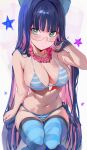  1girl absurdres bikini blue_thighhighs breasts cleavage closed_mouth glasses hand_in_own_hair highres large_breasts looking_at_viewer multicolored_hair navel odyssey_21 panty_&amp;_stocking_with_garterbelt pink_hair purple_hair rectangular_eyewear semi-rimless_eyewear sitting solo star_(symbol) stocking_(psg) striped_bikini striped_clothes swimsuit thighhighs 