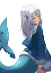  1girl animal_hood bangs blue_eyes blush closed_mouth fish_tail gawr_gura highres hololive hololive_english hood long_hair looking_at_viewer looking_back shark_hood shark_tail sharkudon short_twintails simple_background solo standing tail twintails virtual_youtuber white_background white_hair 
