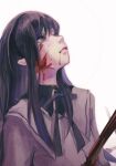  1girl akemi_homura black_eyes black_hair black_hairband black_ribbon blood blood_from_mouth blood_on_face chinese_commentary collared_shirt commentary_request hairband highres impaled long_hair looking_up mahou_shoujo_madoka_magica mahou_shoujo_madoka_magica_(anime) mitakihara_school_uniform neck_ribbon parted_lips ribbon school_uniform shao_ziye shirt simple_background solo upper_body white_background white_shirt 