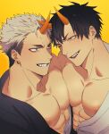  2boys abs absurdres bara bare_pectorals couple crossed_horns eye_contact eyeliner highres horns japanese_clothes kimono looking_at_another makeup male_focus multiple_boys nachos_(chos_na) nipples one_eye_closed oni orange_horns original pectoral_docking pectoral_press pectorals red_eyeliner single_horn thick_eyebrows upper_body yaoi 