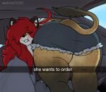  anthro butt canid canine car clothed clothing curvy_figure digital_drawing_(artwork) digital_media_(artwork) english_text felid female female/female fox fur hair he_wants_to_order lion long_hair looking_at_viewer lucy_(mexifurfoof) mammal maple_(mexifurfoof) meme mexifurfoof overweight pantherine red_hair snapchat text thick_thighs vehicle voluptuous wide_hips 