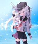  1girl absurdres adjusting_clothes adjusting_headwear anchor_symbol black_headwear black_sailor_collar black_skirt black_thighhighs blue_eyes blue_sky blush cloud cowboy_shot day dfd flat_cap hair_between_eyes hand_up hat hibiki_(kancolle) highres kantai_collection long_hair long_sleeves looking_at_viewer midriff_peek miniskirt navel neckerchief ocean outdoors pleated_skirt red_neckerchief rigging sailor_collar school_uniform serafuku shirt skirt sky smile smokestack solo standing thighhighs torpedo torpedo_launcher turret white_hair white_shirt zettai_ryouiki 