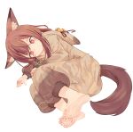  1girl animal_ear_fluff animal_ears barefoot brown_hair chaosexceed closed_mouth feet fox_ears fox_girl jewelry lying necklace on_side onesie original red_eyes smile soles solo tail toes white_background 