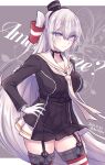  1girl amatsukaze_(kancolle) amatsukaze_(kancolle)_(cosplay) amatsukaze_kai_ni_(kancolle) amatsukaze_kai_ni_(kancolle)_(cosplay) black_choker black_dress breasts choker cosplay cowboy_shot dated dress fuyutsuki_(kancolle) garter_straps gloves grey_background grey_eyes grey_hair grey_neckerchief hand_on_own_hip highres kabocha_torute kantai_collection long_hair medium_breasts neckerchief one_side_up sailor_collar sailor_dress single_glove solo striped_clothes striped_thighhighs text_background thighhighs twitter_username white_gloves white_sailor_collar 