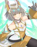  1girl aegis_sword_(xenoblade) animal_ears blunt_bangs blush cat_ears chest_jewel core_crystal_(xenoblade) detached_sleeves facial_mark flat_chest gloves grey_hair grin highres kinagi_(3307377) looking_at_viewer nia_(xenoblade) official_alternate_costume puffy_sleeves short_hair smile solo xenoblade_chronicles_(series) xenoblade_chronicles_3 yellow_eyes 