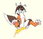anthro antlers bodily_fluids burning butt_on_fire canid canine clenched_teeth deer digital_media_(artwork) eyewear feet fire fluffy fluffy_tail fox glasses hand_on_butt hindpaw horn hybrid kelveron male mammal pain paws punkdrake solo sweat sweatdrop tail teeth