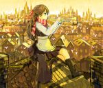  1girl apron bad_drawr_id bad_id bird black_cat black_dress black_shirt black_socks brick brown_hair building cat cathedral character_request chimney copyright_request dress hair_ribbon holding holding_instrument holding_trombone instrument kneehighs long_hair long_sleeves music oekaki on_roof playing_instrument pleated_skirt profile red_ribbon red_scarf ribbon rooftop scarf shirt sitting sitting_on_roof skirt socks solo striped_clothes striped_scarf suya000 trombone vertical-striped_clothes vertical-striped_scarf white_apron white_bird white_sleeves yellow_theme 