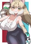 1girl absurdres animal_ears bare_shoulders breasts cat_ears cat_girl cat_tail cleavage elbow_gloves extra_ears gloves green_eyes grey_hair highres jungle_cat_(kemono_friends) kemono_friends kemono_friends_v_project large_breasts lepus_(qw_ude_2nd) long_hair looking_at_viewer pants ribbon simple_background solo tail tank_top virtual_youtuber 