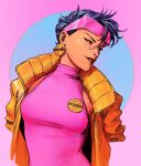  1girl black_eyes black_hair breasts dave_rapoza earrings highres jacket jewelry jubilee marvel medium_breasts parted_lips pink-framed_eyewear pink_background red_lips short_hair sleeveless sleeveless_turtleneck smile solo turtleneck x-men yellow_jacket 