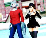  3d_(artwork) anthro beastars black_hair canid canine canis chainsaw_man crossover digital_media_(artwork) duo female grey_body hair hi_res human kobeni_higashiyama legoshi_(beastars) male malicekira mammal mmd open_mouth scar size_difference wolf 