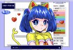  1girl animal_ears animal_hood b=conumi_(leper_kamilah) best_happiness blue_border blue_eyes blue_hair blunt_bangs border borrowed_character cat_ears cat_hood character_name commentary dialogue_box hand_on_own_chest hands_up heart highres hood hood_up looking_at_viewer original parted_lips pixel_art retro_artstyle short_hair solo tail translation_request twintails upper_body user_interface 