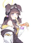  1girl animal_ears black_hair blue_archive blush dog_ears dog_girl eating food halo hibiki_(blue_archive) highres holding holding_food jacket karikura_(atatata71) long_hair long_sleeves looking_at_viewer open_clothes open_jacket pizza purple_eyes simple_background solo upper_body white_background white_jacket yellow_halo 
