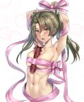  1girl armpits bdsm blush bondage bound breasts collarbone green_eyes green_hair hair_between_eyes hair_ribbon highres kantai_collection kokuzou long_hair looking_at_viewer navel open_mouth pink_ribbon ribbon small_breasts solo twintails white_ribbon zuikaku_(kancolle) 