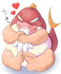 &lt;3 anon anthro bastardpalace belly belly_squish blush bodily_fluids duo embrace eyes_closed fin fish hi_res hug hugging_from_behind japanese_text kissing lips male male/male marine obese overweight sitting size_difference squish suketoudara sweat sweatdrop tail tail_fin text thick_lips touching_belly