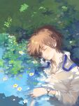  1boy ah_roro bad_drawr_id bad_id blue_ribbon brown_hair buttons closed_eyes collared_shirt daisy flower grass male_focus original parted_lips partially_submerged refraction ribbon shirt short_hair solo upper_body watch water wetland white_flower white_shirt wristwatch 