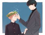  2boys age_difference age_switch aged_down aged_up black_border black_hair black_sweater blazer blonde_hair blue_background border clothes_grab eye_contact flower gakuran grey_jacket hand_in_pocket hand_up head_wreath height_difference highres jacket kageyama_shigeo light_particles long_sleeves looking_at_another looking_to_the_side male_focus mob_psycho_100 multiple_boys omatsuri130 outside_border profile reigen_arataka school_uniform short_hair smile sparkle sweater turtleneck turtleneck_sweater upper_body yellow_flower 