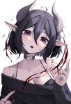  1girl ahoge arm_tattoo black_camisole blood breasts camisole choker hair_between_eyes highres hiroside horns looking_at_viewer medium_breasts off-shoulder_sweater off_shoulder open_mouth original pointy_ears purple_eyes short_hair solo sweater tattoo upper_body white_background 