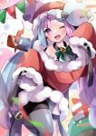  1girl alternate_costume bangs bare_shoulders bellibolt blue_hair bow-shaped_hair character_hair_ornament christmas fur_trim gift grey_pantyhose hair_ornament hat herunia_kokuoji highres holding holding_gift iono_(pokemon) long_hair looking_at_viewer multicolored_hair one_eye_closed open_mouth pantyhose pink_eyes pink_hair pokemon pokemon_(creature) pokemon_(game) pokemon_sv rotom rotom_phone santa_costume santa_hat sharp_teeth single_leg_pantyhose sleeves_past_fingers sleeves_past_wrists teeth thigh_strap twintails two-tone_hair upper_teeth_only very_long_hair 