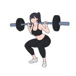  1girl black_hair black_sports_bra blue_eyes breasts collarbone commentary exercise full_body gridman_universe highres long_hair looking_at_viewer medium_breasts onsen_tamago_(hs_egg) pants ponytail solo sports_bra squatting ssss.gridman sweatpants takarada_rikka weightlifting white_background white_footwear 