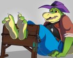  2023 3_toes absurd_res alligator alligatorid anthro belly bottomwear brok_(character) brok_the_investigator clothing crocodilian feet foot_focus green_body hat headgear headwear hi_res male misszmoxie overweight overweight_male pants reptile scalie shirt solo toes topwear 