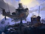  6+others brush_stroke building cloud cloudy_sky day fantasy flying highres ian_mcque multiple_others original outdoors painting_(medium) scenery shed sky traditional_media windmill 