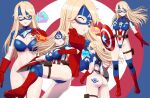  1girl ass ass_tattoo bangs blonde_hair blue_eyes blue_mask blue_thighhighs blush boots bottomless breasts captain_america captain_america_(cosplay) captain_america_(series) cleavage cosplay elbow_gloves english_text eye_mask gloves hair_between_eyes highres holding iowa_(kancolle) kantai_collection large_breasts leotard long_hair looking_at_viewer marvel mask mikan_29344886 multiple_views one_eye_closed parted_lips red_footwear red_gloves shield simple_background skindentation smile star_(symbol) superhero tattoo thigh_strap thighhighs tongue tongue_out 