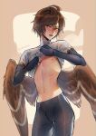  1boy absurdres bishounen blush brown_hair brown_wings clothes_lift cowlick edo-sama fingerless_gloves gloves granblue_fantasy hair_between_eyes half-closed_eyes highres looking_to_the_side male_focus messy_hair midriff navel nipples open_mouth pants pectorals red_eyes sandalphon_(granblue_fantasy) shiny_skin shirt_lift short_hair simple_background solo standing tight_clothes tight_pants toned toned_male twitter_username wings 