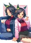  2girls :d animal_ears bandaid bandaid_on_cheek bandaid_on_face belt black_belt black_hair black_jacket black_ribbon black_skirt blue_pants blush breasts closed_mouth commentary_request crop_top dual_persona ear_ornament frilled_skirt frills fur_hat fur_jacket groin hair_ornament hairclip hand_up hat highres horse_ears horse_girl horse_tail jacket jewelry large_breasts long_sleeves looking_at_viewer midriff multiple_girls navel neck_ribbon necklace open_clothes open_jacket open_mouth pants plaid plaid_skirt red_eyes red_shirt red_sweater ribbon shirt short_hair sidelocks sitting skirt smile sweater swept_bangs tail umamusume winning_ticket_(umamusume) yuutopia 