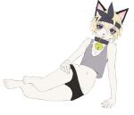 2019 accessory ambiguous_gender anthro barefoot bell bell_collar black_clothing black_collar black_nose black_underwear blep clothing collar domestic_cat feet felid feline felis fur grey_clothing grey_shirt grey_tank_top grey_topwear hair headband looking_at_viewer lying mammal navel on_side pink_tongue purple_eyes rofortyseven shirt simple_background smile solo tan_body tan_fur tan_hair tank_top tongue tongue_out topwear underwear white_background