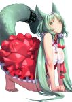  1girl all_fours animal_collar animal_ear_fluff animal_ears arknights artist_name barefoot bell blush bow breasts cat_ears cat_girl cat_tail chinese_commentary closed_mouth collar commentary_request dress eyelashes feet frilled_dress frills full_body green_eyes green_hair green_nails hair_ornament hair_scrunchie hairband harmonie_(arknights) highres large_breasts long_hair looking_at_viewer mixed-language_commentary nail_polish neck_bell parted_bangs red_bow red_dress scrunchie simple_background solo tail toenail_polish toenails toes twintails very_long_hair white_background white_hairband yamauchi_(conan-comy) 