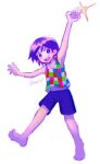  1boy arm_up barefoot commentary full_body guruo_(gur_sp) holding kel_(headspace)_(omori) kel_(omori) male_focus navel omori open_mouth purple_hair shorts solo tank_top twitter_username v-shaped_eyebrows 