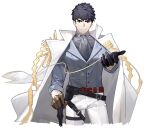  1boy alchemy_stars ascot beckoning black_hair coat coat_on_shoulders cropped_legs highres magicxbai male_focus official_alternate_costume outstretched_hand pants pittman_(alchemy_stars) reaching reaching_towards_viewer scar scar_on_cheek scar_on_face short_hair smile standing 