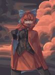  1girl black_gloves black_shirt blue_bow bow cloak cloud commentary gloves hair_bow harucyon4 highres looking_to_the_side outdoors red_eyes red_hair red_skirt sekibanki shirt skirt solo touhou 