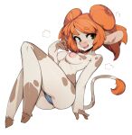  1girl absurdres animal_ears blush breasts commentary cow_ears cow_girl cow_tail double_bun english_commentary freckles full_body furry green_eyes hair_bun highres inverted_nipples looking_at_viewer medium_breasts open_mouth orange_hair original short_hair simple_background slugbox smile solo sweat tail thick_eyebrows topless white_background 