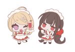  2girls :&lt; ;d akamatsu_kaede alternate_costume ameko53133 apron brown_hair chibi danganronpa_(series) danganronpa_v3:_killing_harmony dress enmaided hair_ornament hair_scrunchie harukawa_maki highres long_hair looking_at_viewer maid maid_headdress mole mole_under_eye multiple_girls musical_note musical_note_hair_ornament one_eye_closed open_mouth red_dress red_eyes red_scrunchie scrunchie smile twintails unfinished waist_apron 