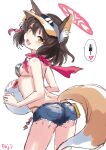  1girl :d animal_ear_fluff animal_ears ass ball bikini blue_archive breasts brown_hair commentary_request denim denim_shorts fangs fox_ears fox_girl fox_tail fuji_(pixiv24804665) halo highres holding holding_ball izuna_(blue_archive) izuna_(swimsuit)_(blue_archive) looking_at_viewer medium_breasts official_alternate_costume open_mouth red_halo red_scarf scarf short_hair shorts simple_background smile solo speech_bubble standing striped_bikini striped_clothes swimsuit tail translation_request white_background yellow_eyes 