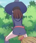  1girl ass broom broom_riding brown_hair dress from_behind haruyama_kazunori hat kagari_atsuko little_witch_academia long_hair luna_nova_school_uniform school_uniform solo tree witch_hat 