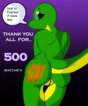  anthro black_background blue_eyes bodypaint butt butt_focus celebration english_text eyelashes female female_focus genitals gradient_background green_body green_scales green_skin hi_res justathereptile lizard looking_at_viewer looking_back looking_back_at_viewer milestone monitor_lizard nude nude_anthro nude_female number pink_pussy presenting purple_background pussy raised_tail reptile scales scalie simple_background solo solo_focus speech_bubble tail text thank_you thanking veega_(justathereptile) yellow_body yellow_scales yellow_skin 